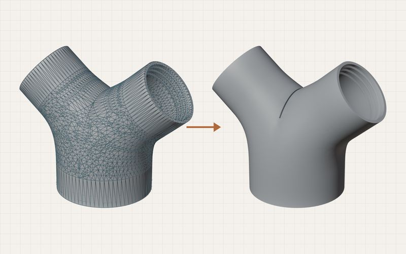 Links ein Adapter als Netz aus vielen Dreiecken, rechts derselbe Adapter als glattes CAD-Modell