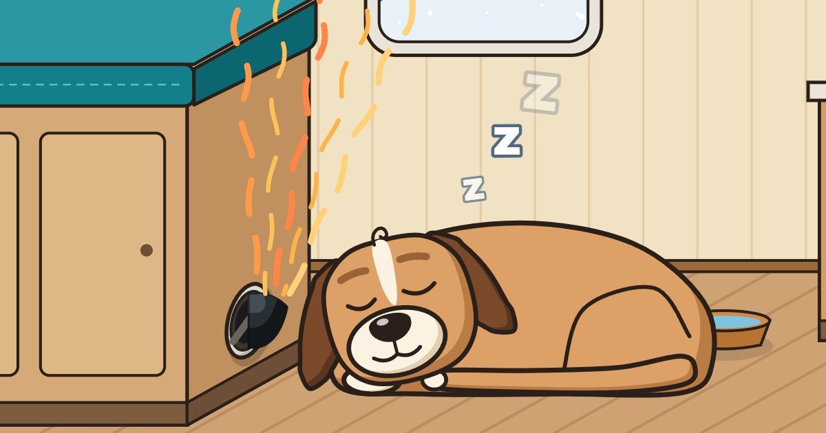 Comic: Ein Hund schläft vor dem Truma-Ausströmer. Der Luftlenker steckt im Ausströmer und lenkt die Warmluft nach oben am Hund vorbei.